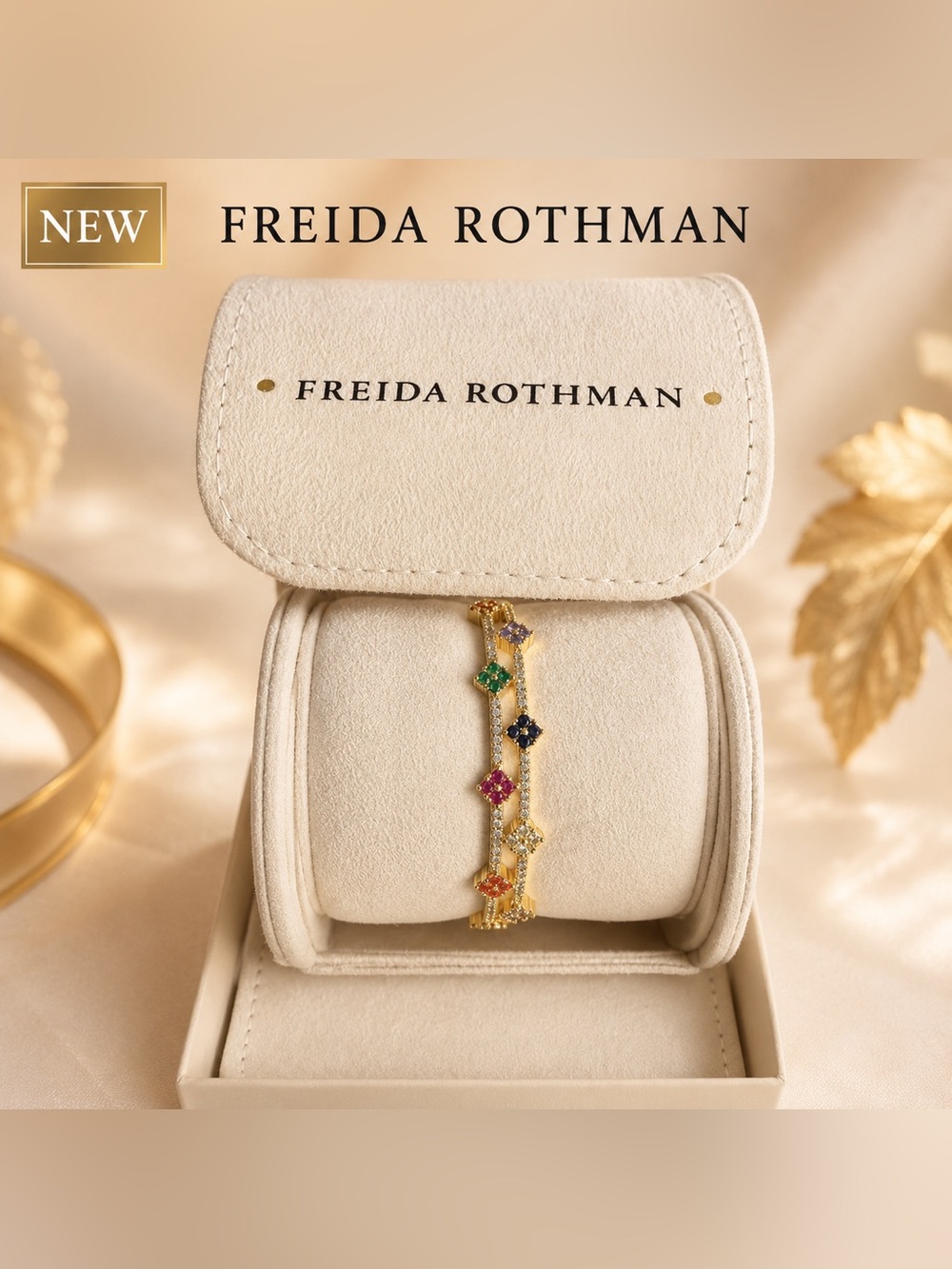 Freida Rothman Gold Multicolor Flower Station Bangle Bracelet - Women's New